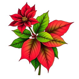 Illustration of a Poinsettia flower featuring vibrant red petals and lush green leaves, finely outlined with burgundy contours, set against a white background