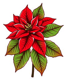 Illustration of a Poinsettia flower featuring vibrant red petals and lush green leaves, finely outlined with burgundy contours, set against a white background