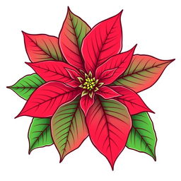 Illustration of a Poinsettia flower featuring vibrant red petals and lush green leaves, finely outlined with burgundy contours, set against a white background