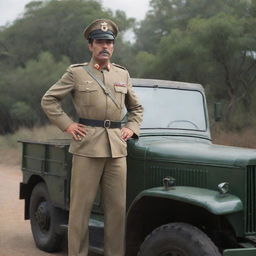 Simon Bolívar, in his military uniform, standing proudly on a classic Mack truck. The surroundings reflect the historical era of Bolívar but with the contrasting modern truck.