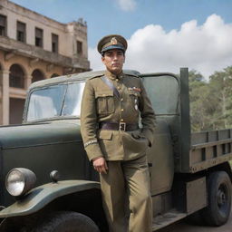 Simon Bolívar, in his military uniform, standing proudly on a classic Mack truck. The surroundings reflect the historical era of Bolívar but with the contrasting modern truck.