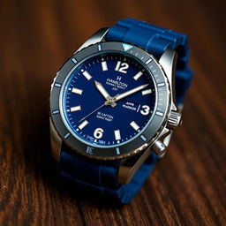 A Hamilton Khaki Navy watch prominently displayed, showcasing its sturdy stainless steel case, classic blue dial, and luminous markers