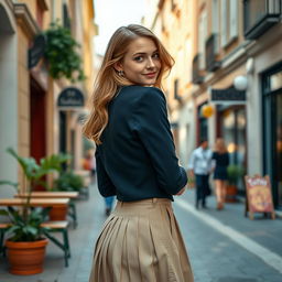 A young adult woman with light brown hair, exuding a playful and chic style inspired by classic school uniforms