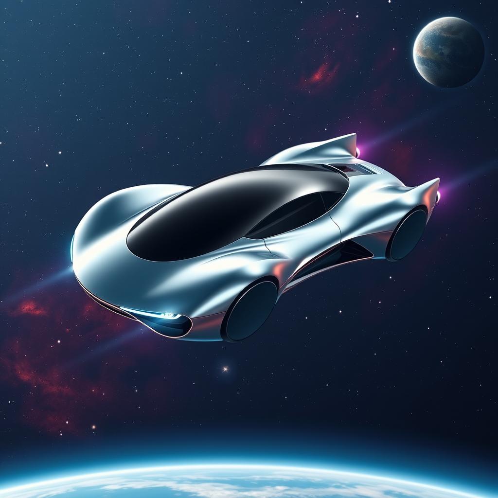 A futuristic flying car gliding effortlessly through the vast expanse of space