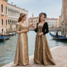 Create a lively and historic scenery of Venice with characters Portia and Nerissa from Shakespeare's 'The Merchant of Venice', engaged in joyous conversation surrounded by famous Venice landmarks.