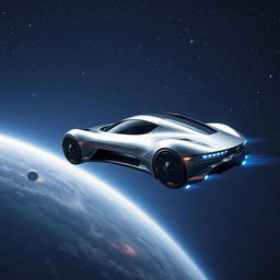 A futuristic flying car gliding effortlessly through the vast expanse of space