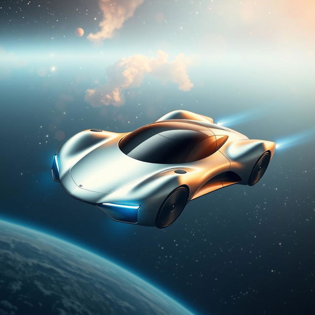 A futuristic flying car gliding effortlessly through the vast expanse of space