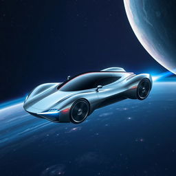 A futuristic flying car gliding effortlessly through the vast expanse of space