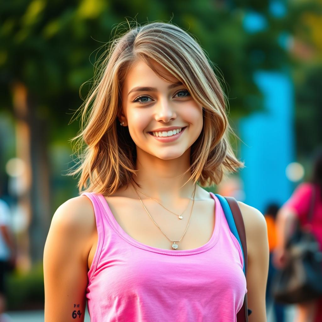 A young adult woman with light brown hair styled in a trendy, youthful way