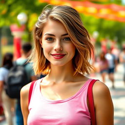 A young adult woman with light brown hair styled in a trendy, youthful way