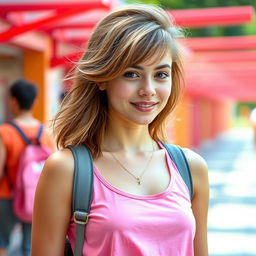 A young adult woman with light brown hair styled in a trendy, youthful way