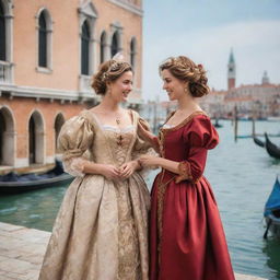 Create a lively and historic scenery of Venice with characters Portia and Nerissa from Shakespeare's 'The Merchant of Venice', engaged in joyous conversation surrounded by famous Venice landmarks.