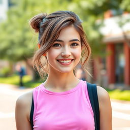 A young adult woman with light brown hair styled in a playful and trendy manner