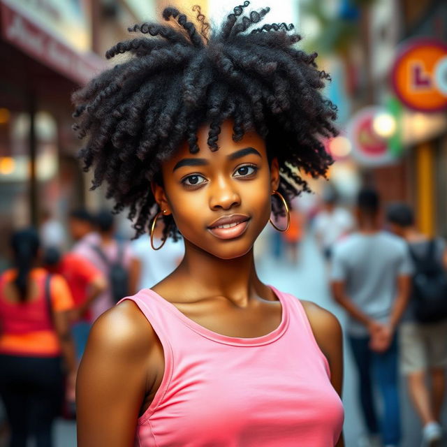 A young adult woman with light brown skin and striking black curly hair, styled to highlight her vibrant and confident personality