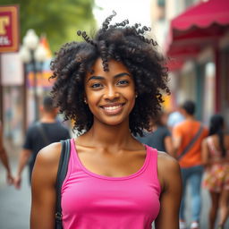 A young adult woman with light brown skin and striking black curly hair, styled to highlight her vibrant and confident personality