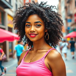 A young adult woman with light brown skin and striking black curly hair, styled to highlight her vibrant and confident personality