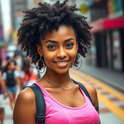 A young adult woman with light brown skin and striking black curly hair, styled to highlight her vibrant and confident personality