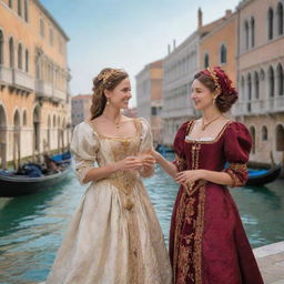 Create a lively and historic scenery of Venice with characters Portia and Nerissa from Shakespeare's 'The Merchant of Venice', engaged in joyous conversation surrounded by famous Venice landmarks.