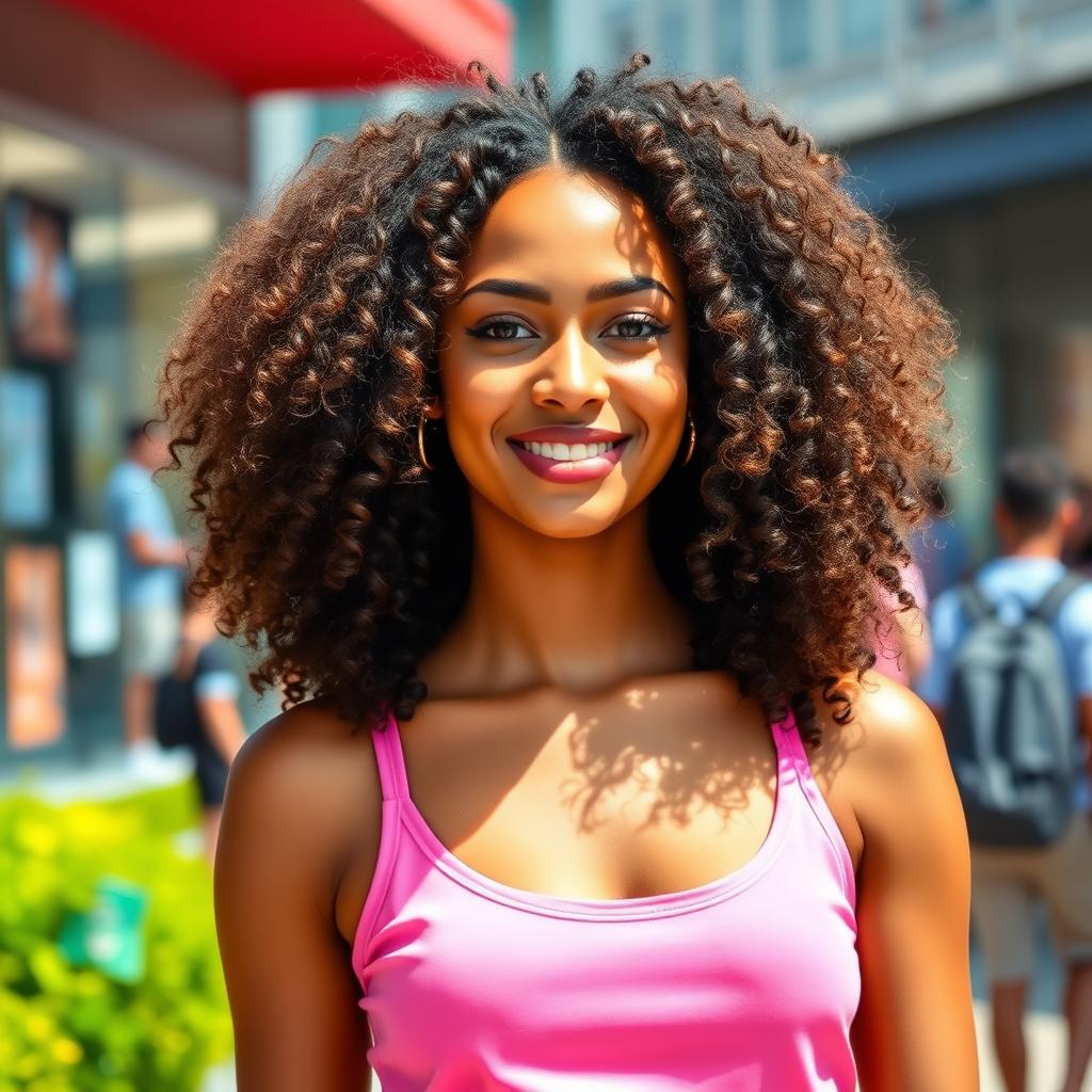 A young adult woman with a light brown complexion and voluminous curly hair that adds a touch of elegance and playfulness