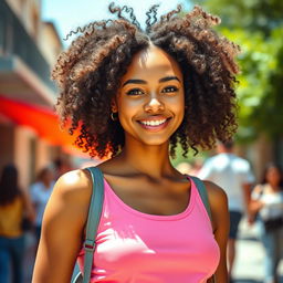 A young adult woman with a light brown complexion and voluminous curly hair that adds a touch of elegance and playfulness