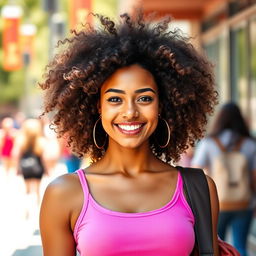 A young adult woman with a light brown complexion and voluminous curly hair that adds a touch of elegance and playfulness