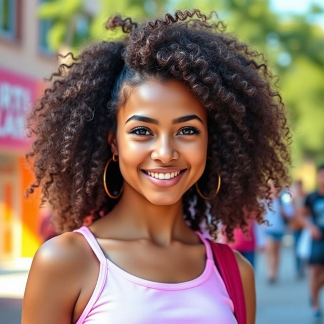 A young adult woman with a light brown complexion and voluminous curly hair that adds a touch of elegance and playfulness