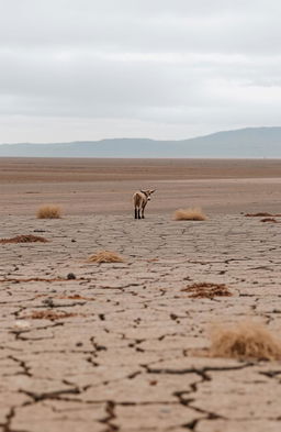 A barren landscape with vast expanses of desolate terrain, cracked earth, and sparse patches of dry grass