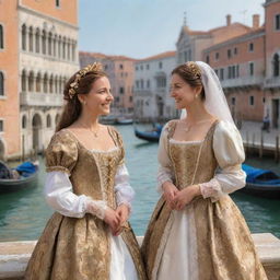 Create a lively and historic scenery of Venice with characters Portia and Nerissa from Shakespeare's 'The Merchant of Venice', engaged in joyous conversation surrounded by famous Venice landmarks.