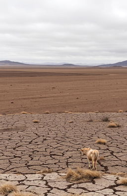 A barren landscape with vast expanses of desolate terrain, cracked earth, and sparse patches of dry grass