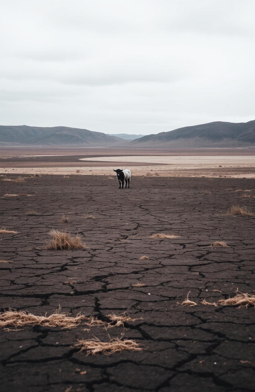 A barren landscape with vast expanses of desolate terrain, cracked earth, and sparse patches of dry grass