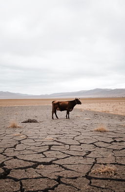 A barren landscape with vast expanses of desolate terrain, cracked earth, and sparse patches of dry grass