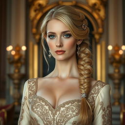 A tall noblewoman in her 30s, with blonde hair styled in an elegant braid adorned with decorative stones