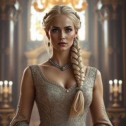 A tall noblewoman in her 30s, with blonde hair styled in an elegant braid adorned with decorative stones