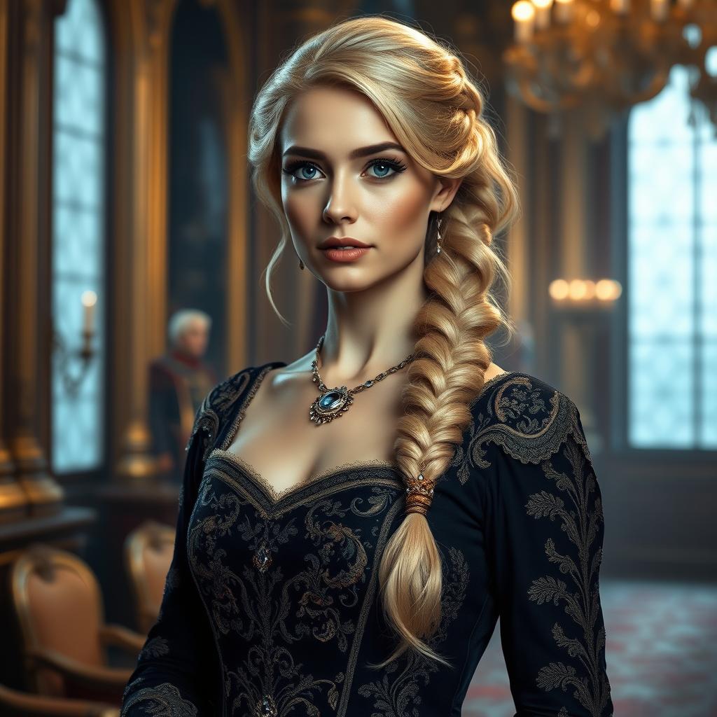 A tall noblewoman in her 30s, with blonde hair styled in an elegant braid adorned with decorative stones