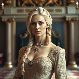 A tall noblewoman in her 30s, with blonde hair styled in an elegant braid adorned with decorative stones