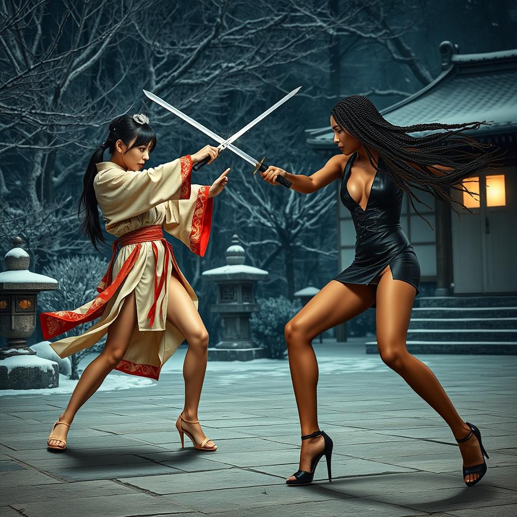 A dynamic sword fight scene taking place in a classic Japanese garden at night during winter