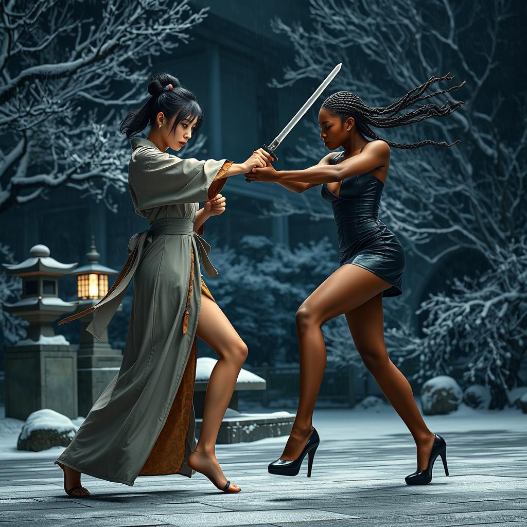 A dynamic sword fight scene taking place in a classic Japanese garden at night during winter