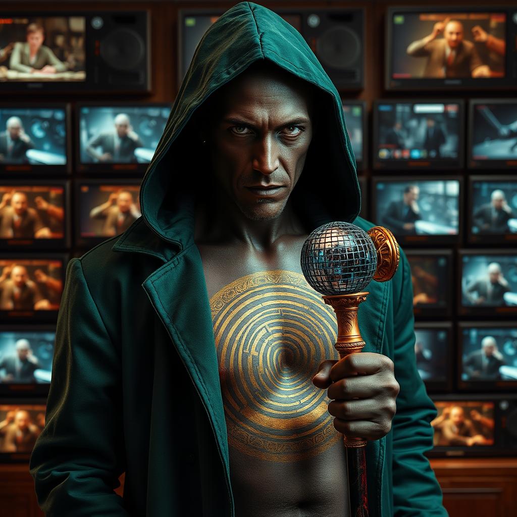 A mysterious man with coal-colored skin adorned with a mesmerizing golden spiral pattern tattoo across his chest