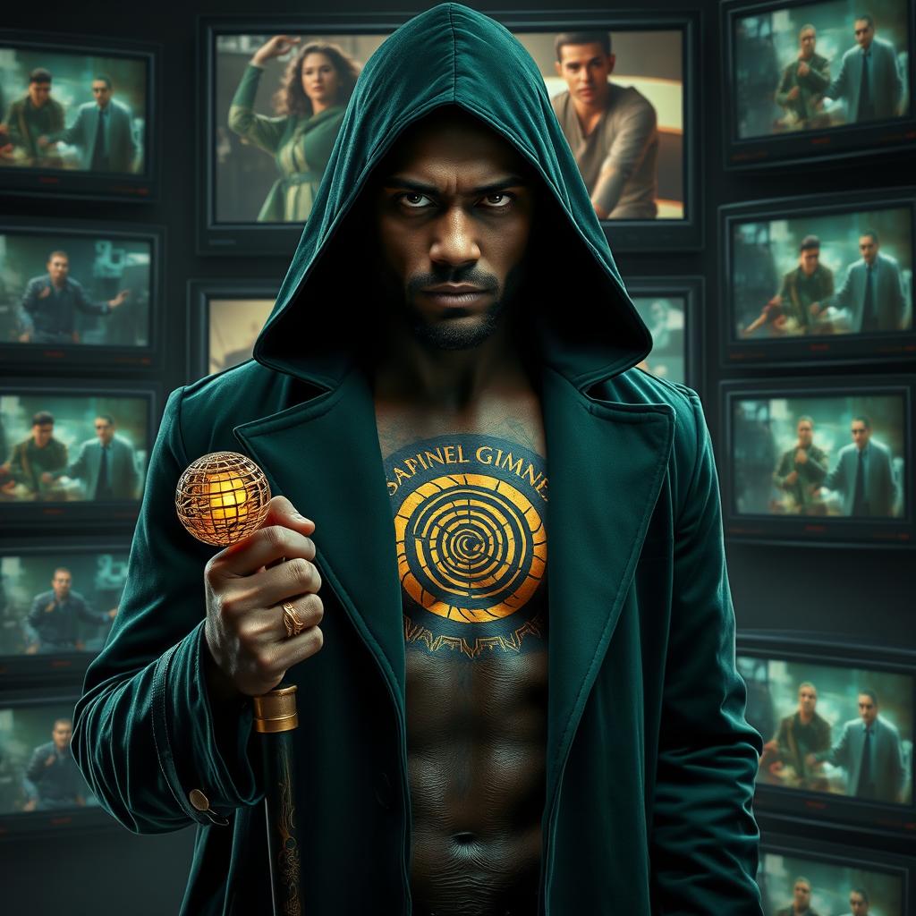 A mysterious man with coal-colored skin adorned with a mesmerizing golden spiral pattern tattoo across his chest