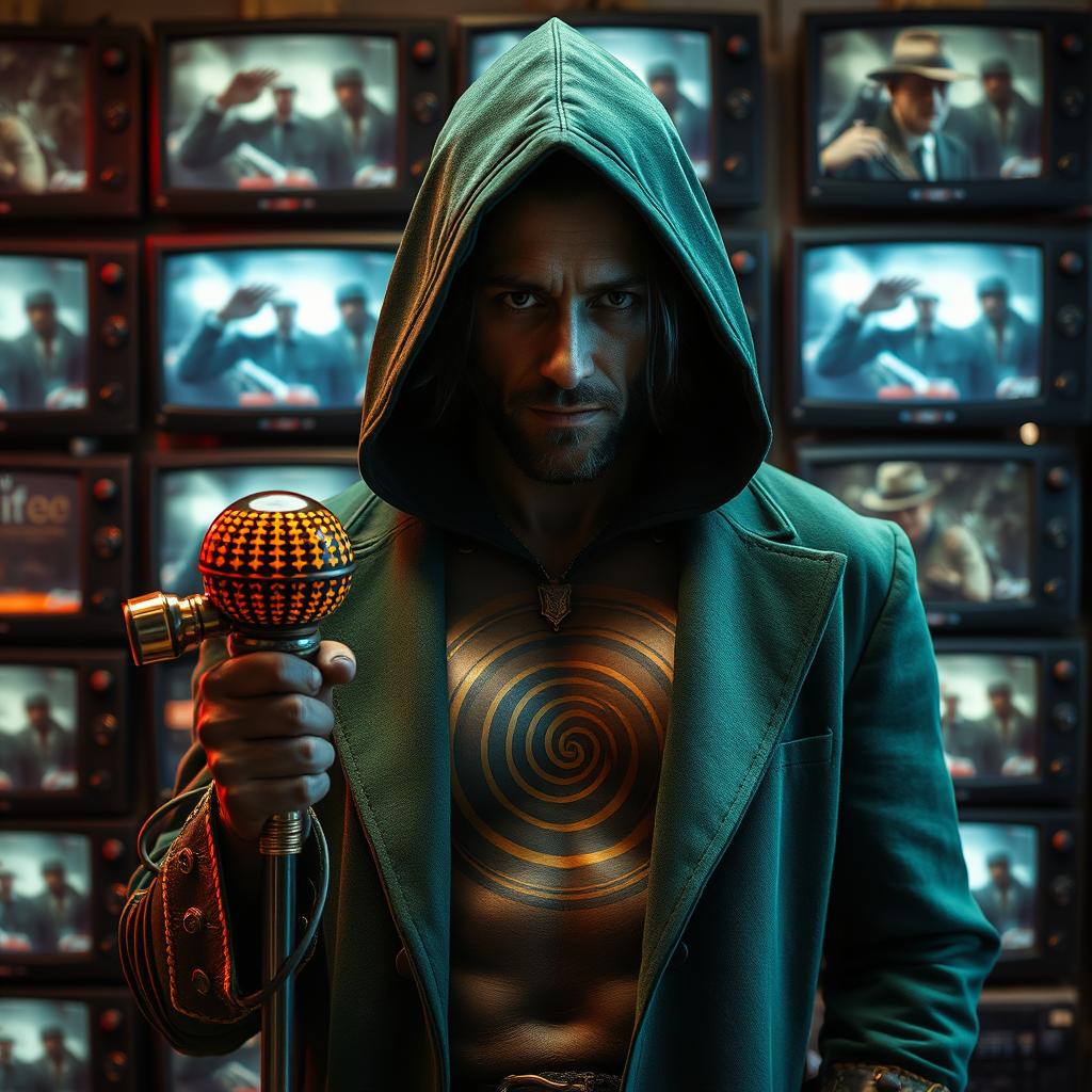 A mysterious man with coal dark-colored skin adorned with a mesmerizing golden spiral pattern tattoo across his chest