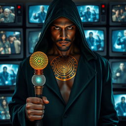 A mysterious man with coal dark-colored skin adorned with a mesmerizing golden spiral pattern tattoo across his chest