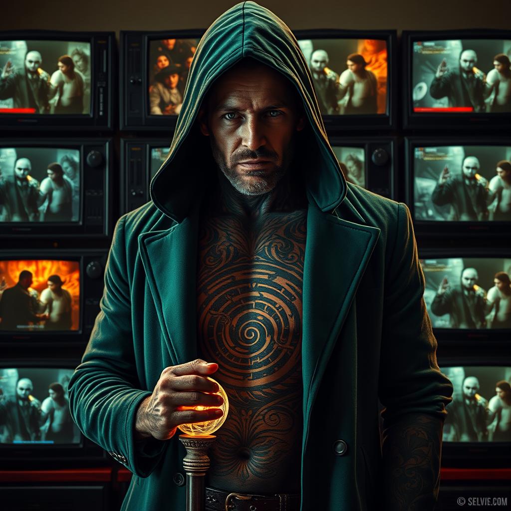 A mysterious man with his entire body tattooed coal black, featuring a mesmerizing golden spiral pattern tattoo across his chest