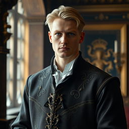 A tall nobleman in his 30s, with neatly styled blonde hair