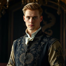 A tall nobleman in his 30s, with neatly styled blonde hair