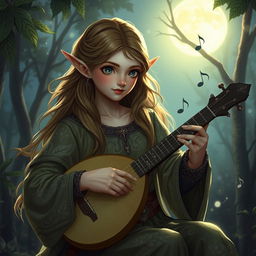 A captivating half-elf bard playing a lute under the moonlit sky