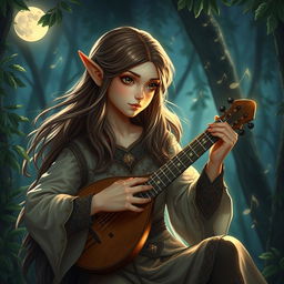 A captivating half-elf bard playing a lute under the moonlit sky