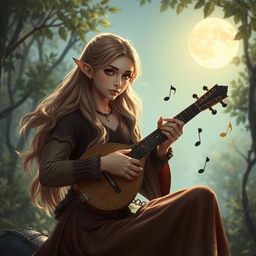 A captivating half-elf bard playing a lute under the moonlit sky