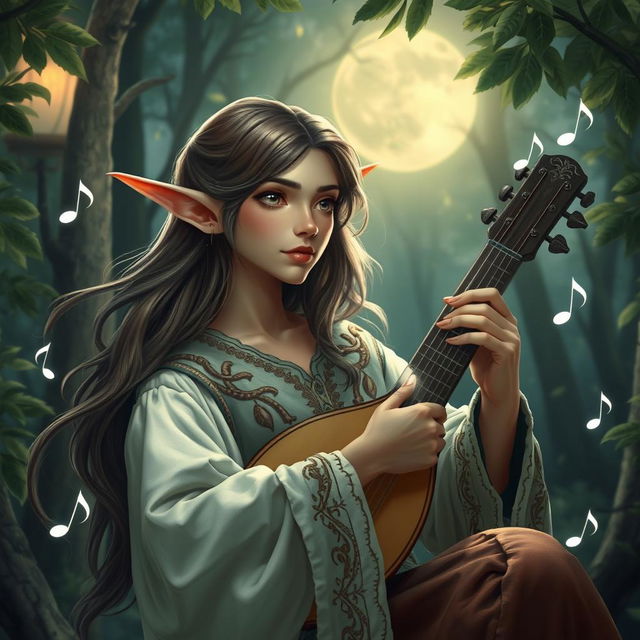 A captivating half-elf bard playing a lute under the moonlit sky