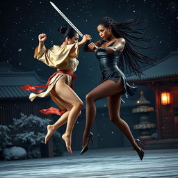 A dynamic and dramatic sword fight scene between two tall, slim women with long legs