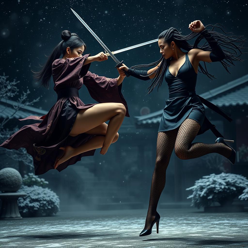 A dynamic and dramatic sword fight scene between two tall, slim women with long legs